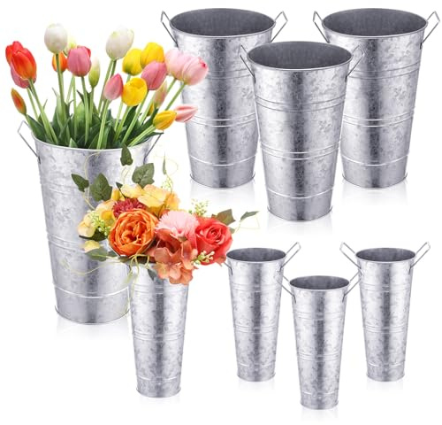 Chumia 8 Pcs Galvanized Flower Buckets Bulk 12.6 Inch and 9 Inch DIY Bouquet Bar Supplies Table Decor Vase Wedding Tall Metal French Cut Planter Rustic Vintage Centerpiece Farmhouse Florist