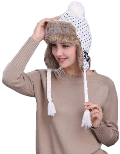 QICHEN Damen Winter Mütze Fliegermütze Trapper Warm Fellmütze Ohrschutzkappe mit Bommeln