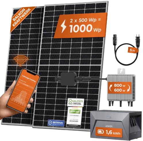 Solarway® All In One Balkonkraftwerk mit Speicher 1000W komplett Steckdose - 1,6 kWh Anker Solix 2 PRO Speicher - Solaranlage Komplettset - 500W Solarmodule & Anker Speicher & Zubehör