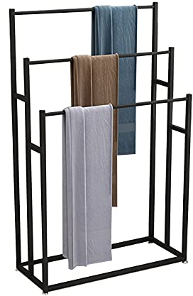 WPJBDS Freistehender Handtuchhalter, 3-stöckiger Handtuchhalter Für Badezimmer, Handtuchständer Aus Metall, Badetuchleiter Für Steppdecke, Decke, Badetücher, Kleidung(Color:Schwarz)