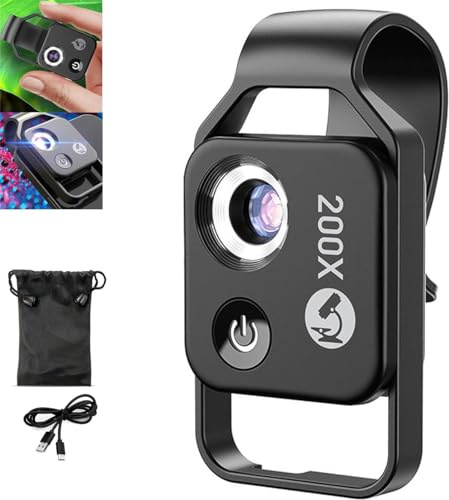 Pisheng Nano Zoom 200x, Nano Zoom 200x Magnification Zoom, High-Tech Clip-On Lens Turns Any Smartphone into a Pro-Microscope, Phone Microscope with CPL Lens & LED Light Camera (Black), 19348
