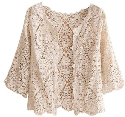 CuLtP Bolero Femme Boléros pour Femmes Haussements D'Épaules Boho Crochet Maille Dentelle Pure Cardigan Ethnique Creux Tricoté Plage Couverture Décontracté Été Ouvert Devant Cardigans Courts B