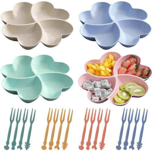 Snack Tray, 4 PCS Fruit Plate, Multi Use Compartment Trays Plastic Serving Trays with Compartments Heart Shaped Snack Bowl for Sweets Desserts Nuts Fruit Appetizers with 20 Pieces of Forks