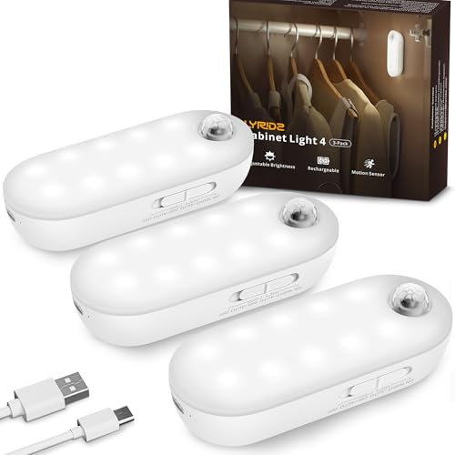 Lyridz Rechargeable LED Closet Light, Stick on Motion Sensor Light Indoor Battery Operated, 3 Pack Magnetic Dimmable Under Cabinet Lights for Stairs, Wardrobe, Kitchen, Laundry, Cool White