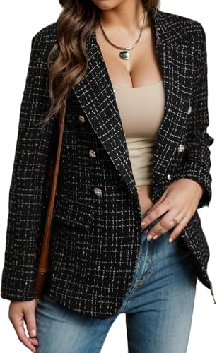 Blazer en Tweed pour Femme Casual à Manches Longues - Veste à Double Boutonnage Élégante de Bureau d'Affaires (Noir 1, XL)