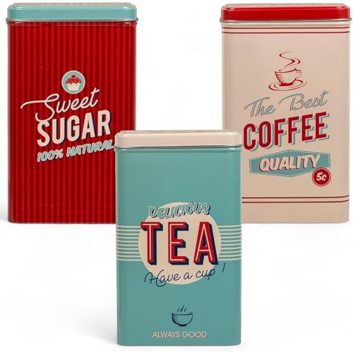 MIJOMA Juego de 3 latas de metal vintage con tapa, diseño retro – botes de almacenamiento para café, té y azúcar – lata de café, lata de té, lata de azúcar, 19 x 11 cm (Azul-Rojo-Créma)