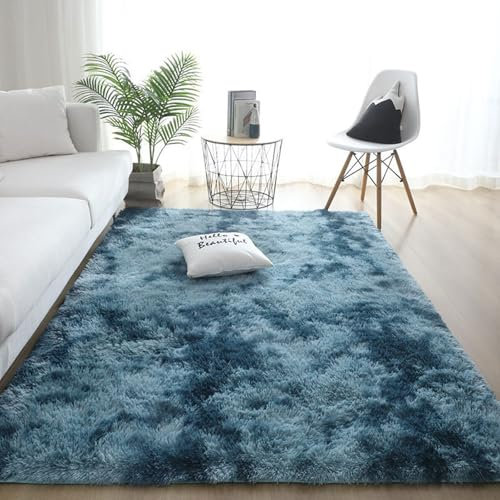 YUANWAN Shaggy Teppich Moderner Teppich 80 x 170 cm Flauschig Weicher, Maschinenwaschbarer Weicher Teppich Heimdekoration Fellteppich Shaggy für Schlafzimmer, Wohnzimmer, Blau