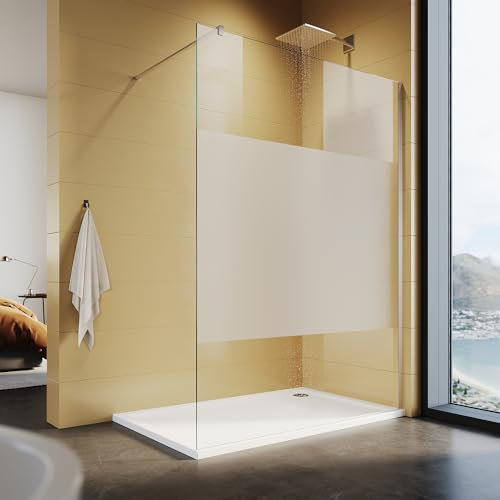 SUNXURY Walk In - Divisione doccia in vetro monolocale da 8 mm, con rivestimento nano e asta di stabilizzazione da 100 cm, 120 x 200 cm, cabina doccia (parzialmente satinata)