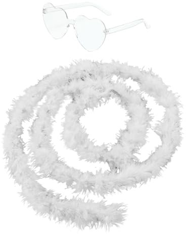 Werownsgso 2-teiliger Federschal und Herzförmige Brille 2 Meter Federschal Karneval Kostümzubehör Geeignet für Cosplay Partys Maskerade Party Karneval (Weiß)