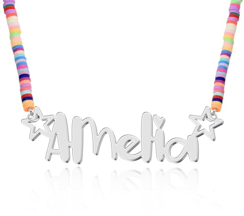 UMAGICBOX Personalisierte Regenbogen-Halskette mit Namen für Mädchen - Silberplakette mit Sternen und bunter Fimo-Perlenkette, Geschenk für Kinder zu Geburtstag oder Weihnachten (Silber)