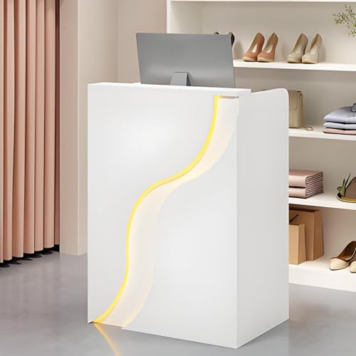 Snaweo Empfangstheke mit LED-Leuchten und verschließbarer Schublade, Empfangstresen, Rezeptionstheke, Rezeptionstisch-Empfangstisch für Kassenbüro, Schönheitssalon, Lobby(Wit,60cm/23.6in)