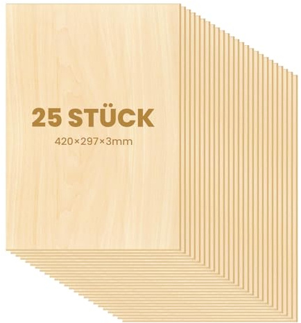 Dofiki 25 Stück A3 Birken Sperrholz 3mm Laserfähig Sperrholaplatte, Holzbretter zum Laserschnitt, Lasergravur, Basteln, Brandmalerei, Modellbau Birkensperrholz (420x297x3mm)