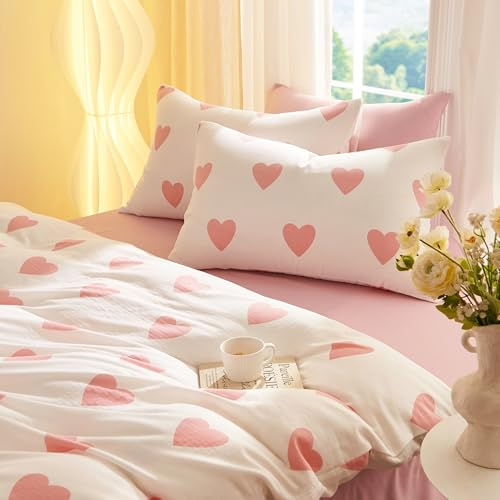 Covebett Bettwäsche Baumwolle 200x200 Doppelte Musselin Weiß Rosa Herzen Herz Atmungsaktiv Bettwäsche Set Aesthetic Herzchen Mädchen Bettbezug und 2 Kissenbezug 80x80 cm mit Reißverschluss