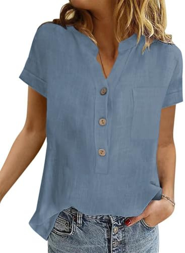 YUTILA Camicia Donna Manica Corta in Cotone Henley Blusa Estiva con Tasche sul Petto