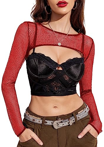 Avidlove Camicia da donna a rete a maniche lunghe, con top trasparente, sexy, camicetta trasparente, Rosso, XS