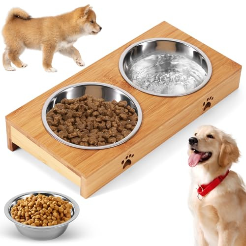 Raised Dog Bowls, Dog Food Bowl Double Bamboo Dog Feeding Station with 2 Stainless Steel Bowls, Suitable for Large, Medium, Small Dogs