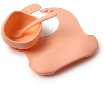 Muchmellow - Set Pappa Silicone MADE IN ITALY 3 pezzi, Ciotola con Ventosa Anticaduta, Cucchiaio, Bavaglino Regolabile, Svezzamento, Plastic Free, BPA Free, Lavabile Lavastoviglie (Pesca)