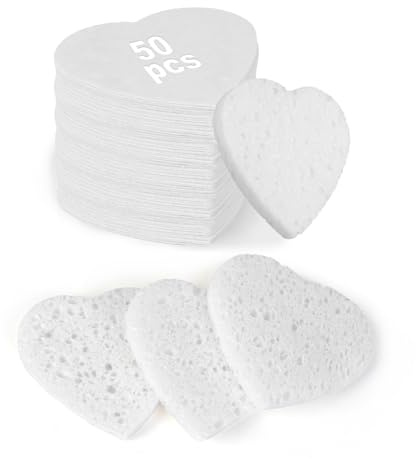 HUAXIN BIOTECHNOLOGY 50-Count Heart Shape Compressed Facial Sponges,100% Natural Cellulose Face Sponge Spa Sponges for Removing Dead Skin, Dirt and Makeup(White)
