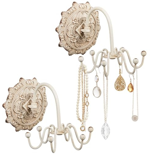 Tondiamo 2 Pcs Wall Mounted Jewelry Organizer Shabby Wall Decor Vintage Jewelry Organizer 6 Rotatable Hooks Include Screws for Women Necklace Bracelet Earring Hat Gift