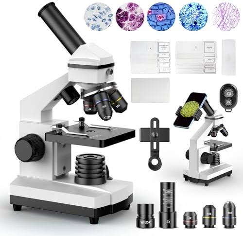 Microscopes for Kids Students Adults, 100X-2000X Powerful Biological Microscopes for Home Education,with Microscope Slides Set, Phone Adapter,white