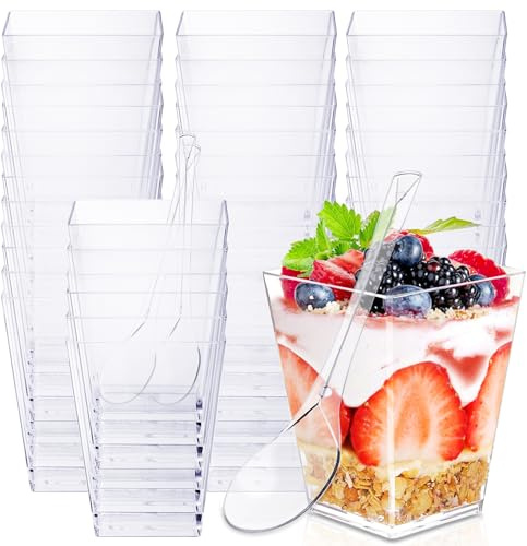 Dawumin Dessertgläser Wiederverwendbar, 50 Stück Dessertbecher mit Löffeln, 160ml Dessertschalen Wiederverwendbar, Dessertschalen Set Mini Desserttassen für DIY Desserts Pudding Mousse Eis