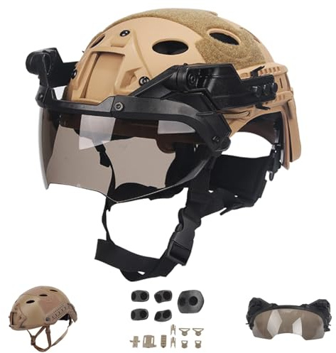 Casco Táctico con Gafas Protectoras para Deportes Extremos - Máxima Protección Ligero Y Rápido Equipo De Seguridad Ajustable(Tan,S)
