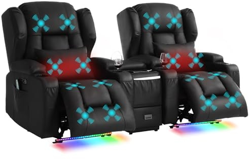 TCGBKAF Relaxsessel mit Console,Elektrisch Verstellbarer Fernsehsessel mit Liegefunktion,TV Sessel Kinosofa mit USB & Getränkehalter,Wandnaher Kinosessel-Set fürs Wohnzimmer (Schwarz,2 Sitzer+Console)