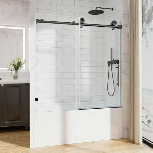 EGrinbey 56-60 W x 60 H Frameless Bathtub Sliding Door, 5/16(8mm) Tempered Glass Tub Shower Door with Explosion-Proof Film, Heavy Duty Stainless Steel Components, Matte Black
