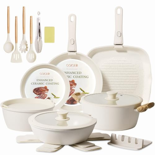 COICUR Keramik Topfsets Pfannenset 23 Teilig Antihaft Kochgeschirr mit Abnehmbarem Griff Stapelbar Topfset Für alle Herdarten, Bratpfanne 20/26cm, Milchtopf 18cm, Schmorpfanne 24cm Ofenfest Beige