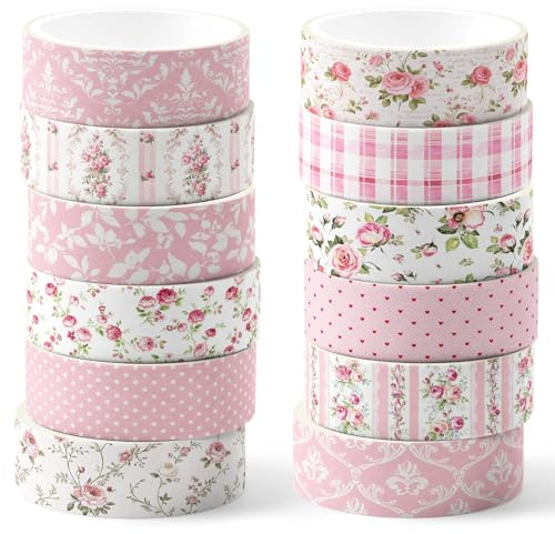 VelvetGlow 12 Rollen Aquarell Blumen Washi Tape Set, 15 mm, Vintage Blumen Dekorations Masking Tape für Kunst, DIY-Bastelarbeiten, Scrapbooking, Umschläge (Hellrosa, Punkte und Blumenmuster)