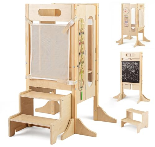 COSTWAY 4 in 1 Lernturm klappbar, Tritthocker aus Holz mit 2-Stufen Hocker, Tafel & abnehmbarem Sicherheitsnetz, Learning Tower Montessori, Tritthschemel für Kinder ab 3 Jahren, Natur