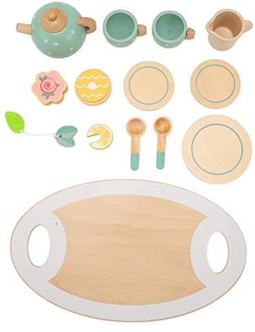 Keenso Service à thé en Bois pour Tout-Petits avec Bords Lisses, Jouet de Simulation pour Petites Filles, Comprend Un Plateau, Une Tasse, Une Cuillère, à Partir de 36 Mois