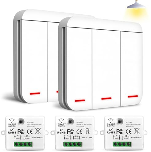 Ghekkli Interrupteur Sans Fil 433Mhz - Interrupteur Va et Vient Sans Fil avec Récepteur 2200W/10A (Kit 2 pièce 3 in 1 interrupteurs + 3 récepteurs)