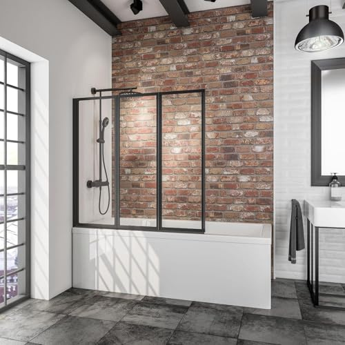 Schulte Duschwand für Badewanne 127x140 cm, 3-teilig, Mattschwarz | Faltbarer Badewannenaufsatz mit Montage zum Bohren, 3 mm ESG Sicherheitsglas Klar hell