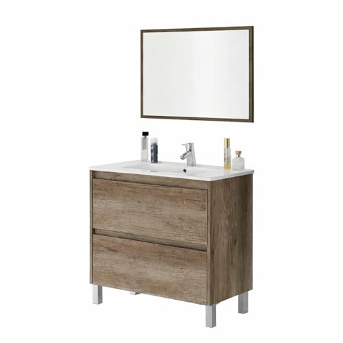 Bricozone Mobile Bagno Con Lavabo In Ceramica E Specchio 80 Cm Colore Quercia Con 2 Cassettoni Chiusura Ammortizzata Arredo Bagno Moderno 80 x 45 x 80 Cm