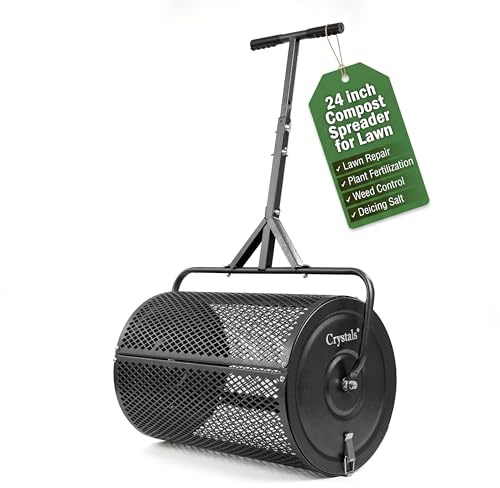 Crystals Rodillo esparcidor de abono de 24 pulgadas – Esparcidor de jardín de césped de 70 L, tambor de malla de acero resistente para tierra superior, arena, estiércol y fertilizante, esparcidor de