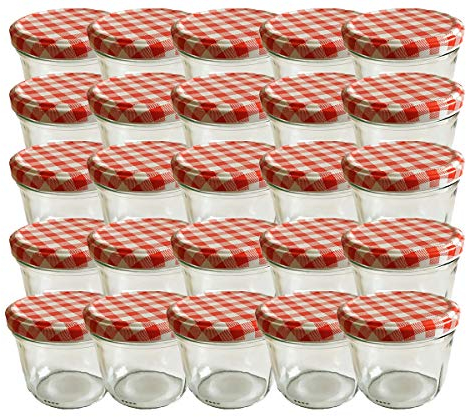 Set di barattoli in vetro per provviste | Quantità: 25 pezzi | Capacità: 230 ml Coperchio a vite, colore rosso, a quadretti, 25 etichette NZ su cui scrivere, per marmellate e conserve