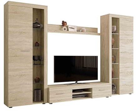 Mirjan24 Wohnwand Rango XL, Modernes Wohnzimmer Set, Design Anbauwand, Schrankwand, Mediawand, Vitrine, TV Lowboard, (Sonoma Eiche, ohne Beleuchtung)