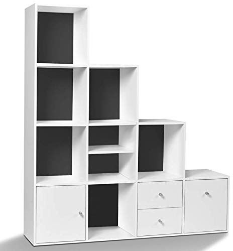 IDMarket - Liam Treppen-Regal mit 4 Ebenen, Holz, weiß + Tür / Schubladen, weißer Hintergrund, grau