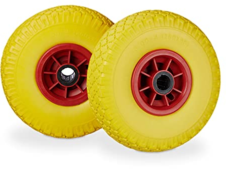 Relaxdays Set di 2 Ruote per Carriola, Pneumatici di Gomma Piena Antipanne, ASSE 25mm, Max.80 kg, 260x85mm, Giallo-Rosso