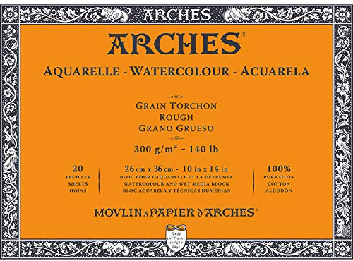 Arches Aquarelle – Block 20 Blatt 26 x 36 cm, geklebt, 4 Seiten – 300 g/m² – Körnung Geschirrtuch, Naturweiß, 4 Kanten Francs