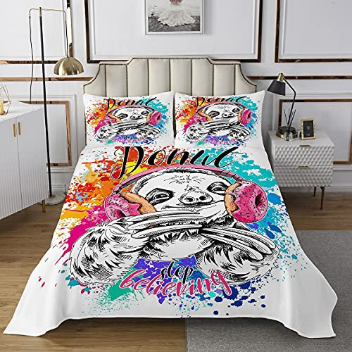 feelingyou Set copripiumino singolo con stampa graffiti ad acquerello per camera dei bambini, con ciambella rosa, trapuntato, con 1 federa, 2 pezzi