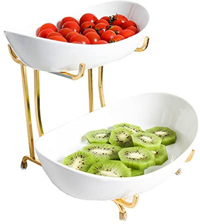 TONGQU 2-Tier Fruit Bowl, Ceramic Fruit Bowl, Fruit Rack Holder for The Kitchen Basket Bowl Holder Tray for Fruit, Vegetables, Eggs & Snacks,White,2 Tier