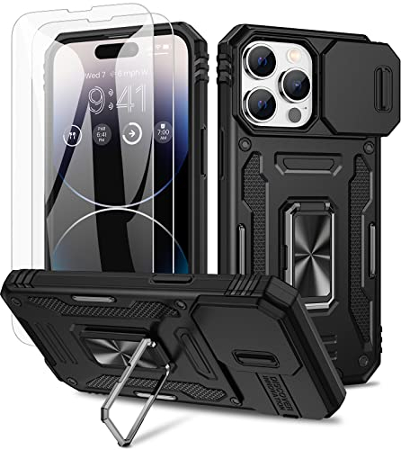 Doeshine Hülle für iPhone 14 Pro, Handyhülle mit 2 Stück Displayschutzfolie & Kameraschutz, 360° Rotate Metal Ring Ständer, Robust Fallschutz Outdoor Militär Schutzhülle für iPhone 14 Pro (Schwarz)