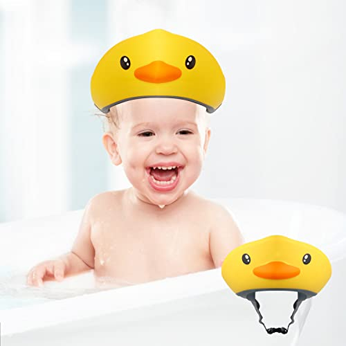 JOFONY Duschhaube Kinder,Haarwaschhilfe Kinder,Verstellbarer Haare Waschen Kinderschutz,Silikon Augenschutz Schutzkappe für Babydusche und Shampoo(Ente Gelb)