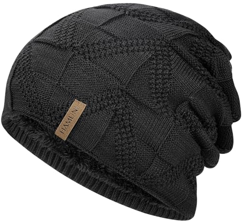 HAMUNI Mütze Damen - Atmungsaktiv Strickmütze Herren - Slouch Beanie Mütze mit Weichem Fleece Innenfutter - Unisex Wintermütze - Klassische Herren Damen Mütze für Herbst Winter Frühjahr (Schwarz)