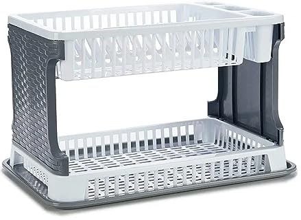 GREATOYAR Escurreplatos con 2 Niveles, Escurridor Platos Plastico Fregadero, Escurridor Platos, Bandejas Plástico Multifuncional, Ahorro de Espacio, 43x25x27cm, Blanco y Gris