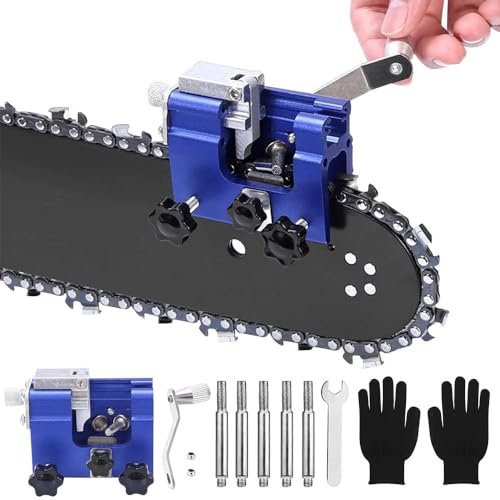 Affuteuse de Chaine Tronconneuse, Dispositif De Meulage Daffûteur,Affuteur Chaine Tronçonneuse à Portable Manivelle Kit avec 5 Têtes de Ponçage Affûteur de Tronçonneuse (bleu)