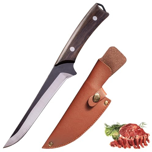 Fubinaty Couteau de cuisine japonais Couteau à désosser forgé à la main en acier à haute teneur en carbone Full Tang Couteau de cuisine en plein air avec étui en cuir et manche en bois
