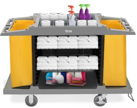 TUFFIOM Industrial Multifunctional Hotel Cart,Commercial Traditional Cleaning Janitorial Room Service Housekeeping Cart, 39 H x 58 W x 21 D,Grey